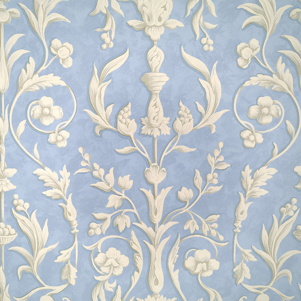 Scalamandre Wallpaper WP81644-004 Arabesque Plaster White On Nordic Blue Fresco
