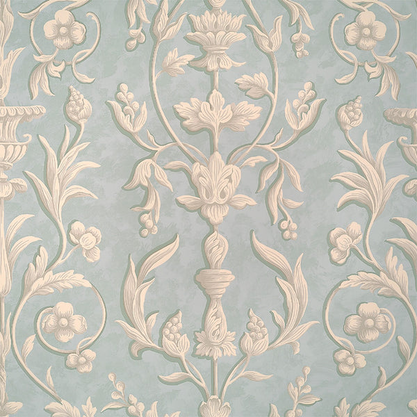 Scalamandre Wallpaper WP81644-006 Arabesque Plaster White On Gustavian Blue Fresco