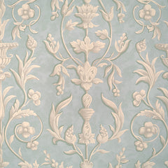 Scalamandre Wallpaper WP81644-006 Arabesque Plaster White On Gustavian Blue Fresco
