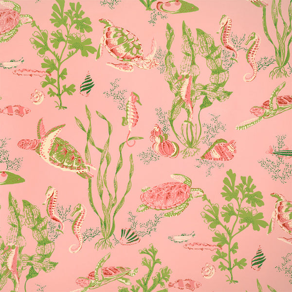 Scalamandre Wallpaper WP88209-005 Garparilla Deep Coral, Lilypad Green, Shell On Flamingo